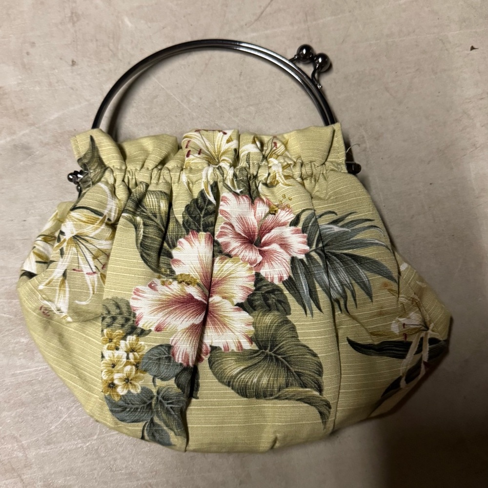 Vintage KYS Cream & Green Tropical Clutch with Metal Handle